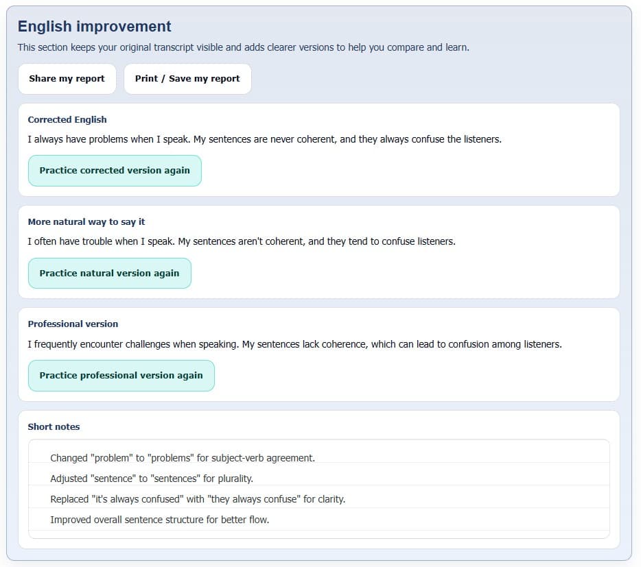 Example of an English improvement report generated by Speech Coach Tools