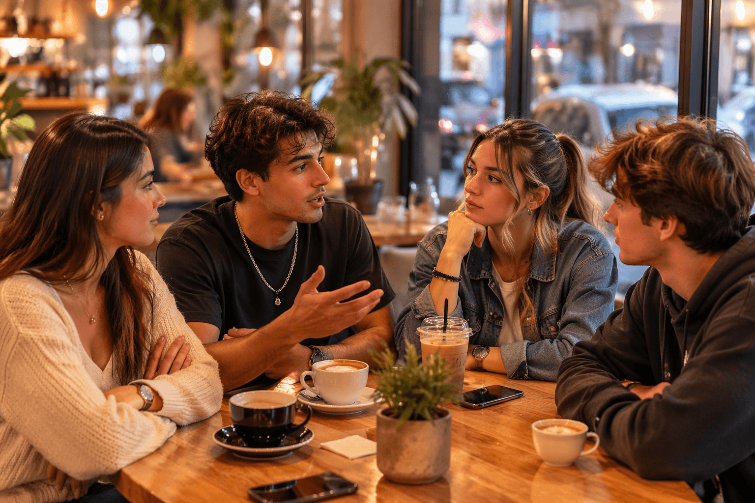 Two people pausing during a quiet conversation
